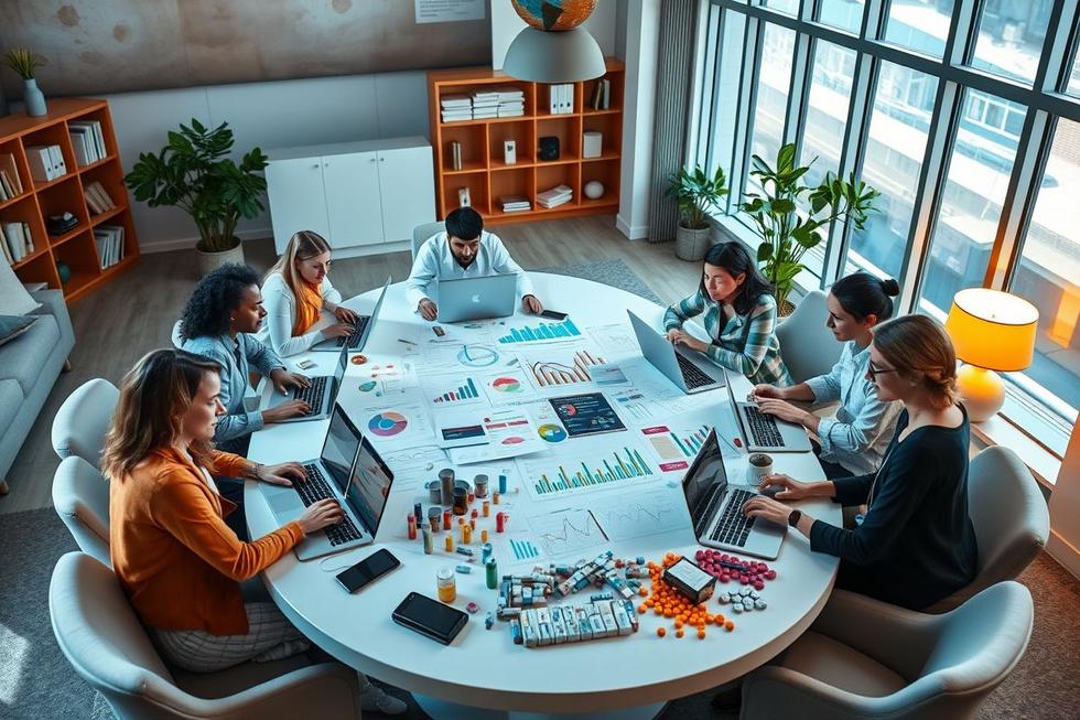 Equipe colaborando em um escritório farmacêutico, refletindo a importância de um CRM integrado.