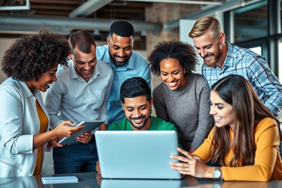 Profissionais envolvidos em atividades de marketing digital.