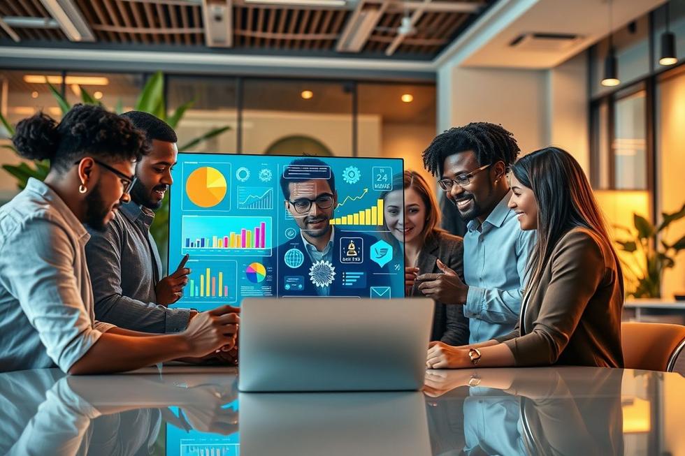 Grupo de profissionais discutindo estratégias de marketing digital.