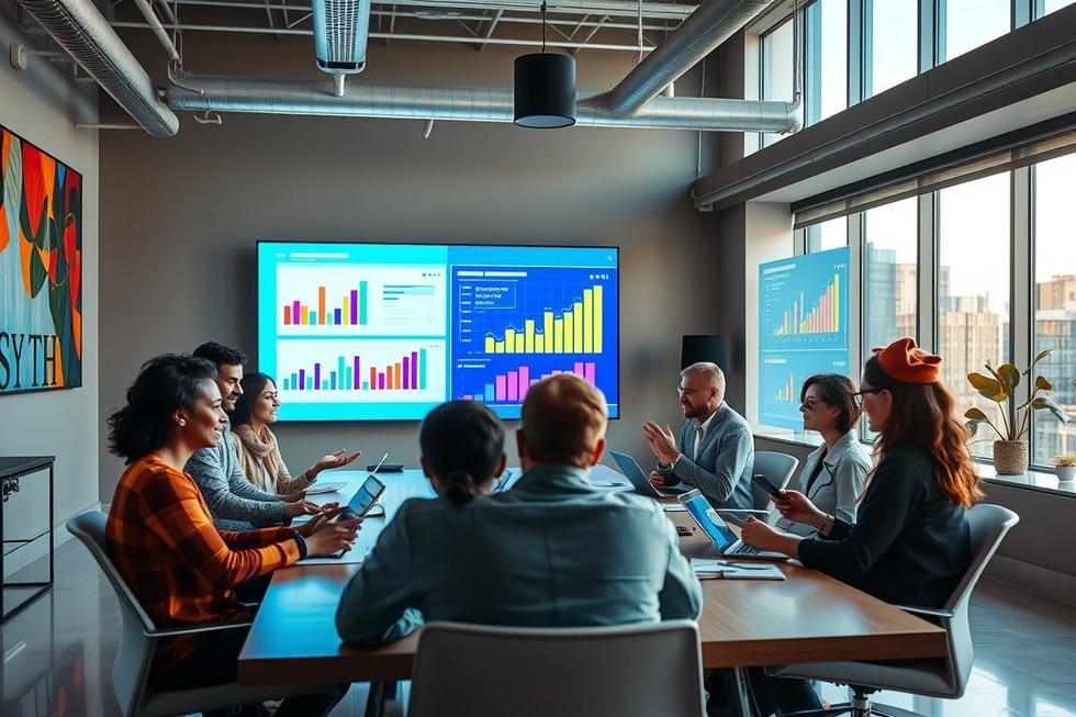 Grupo de empreendedores discutindo estratégias de marketing digital em um ambiente moderno.
