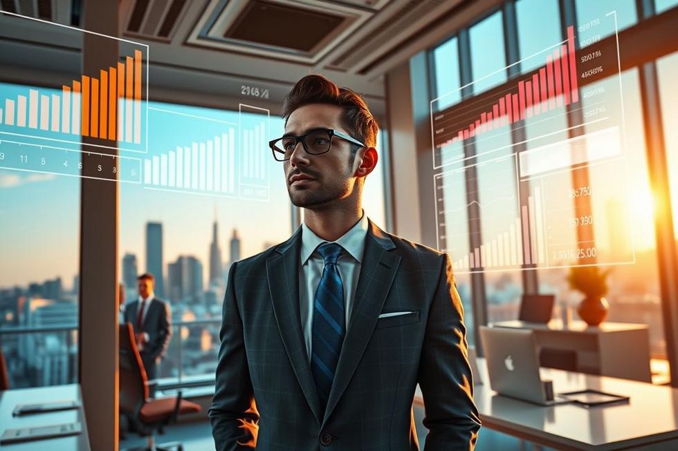 Empresário satisfeito em um ambiente moderno, analisando gráficos de marketing digital.