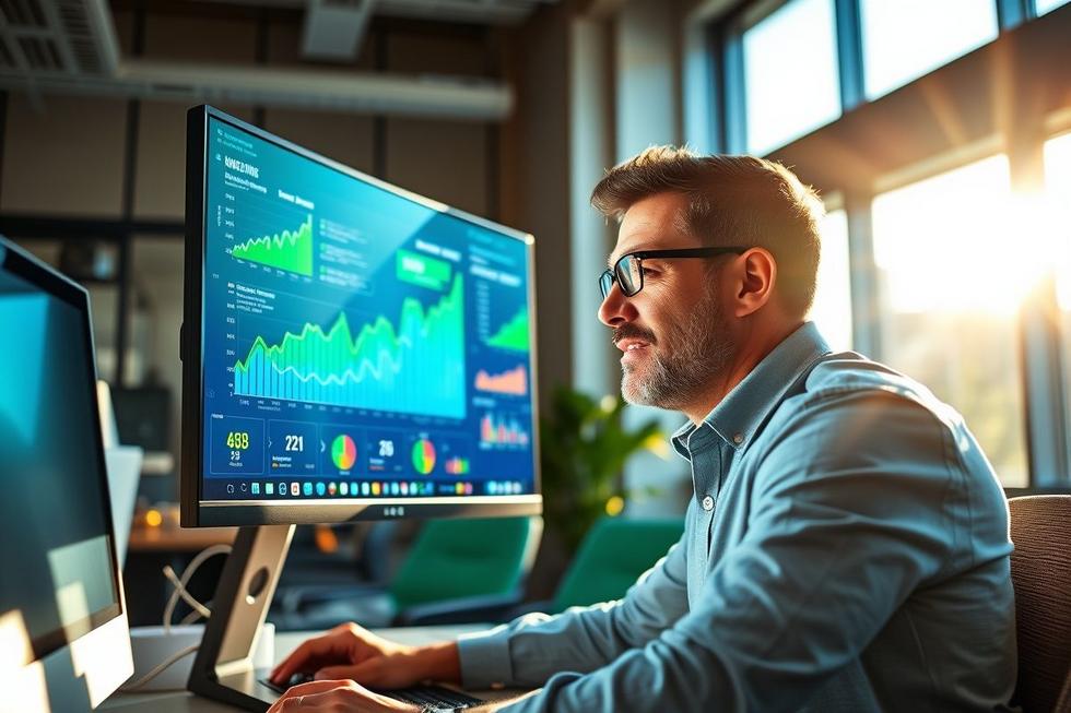 Profissional de marketing analisando dados de sucesso em tráfego pago.