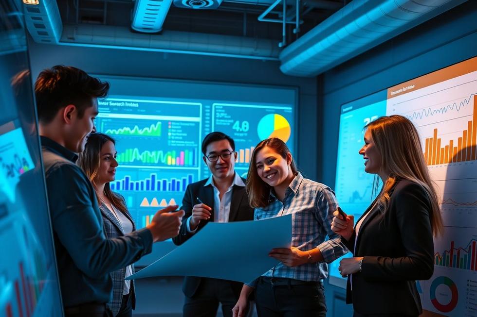 Equipe profissional de marketing em sessão de análise de dados sobre intenção de busca.