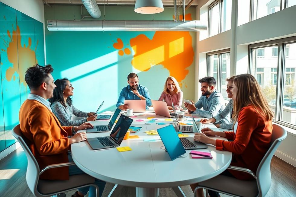 Reunião de equipe de marketing trocando ideias e estratégias em um ambiente colaborativo.