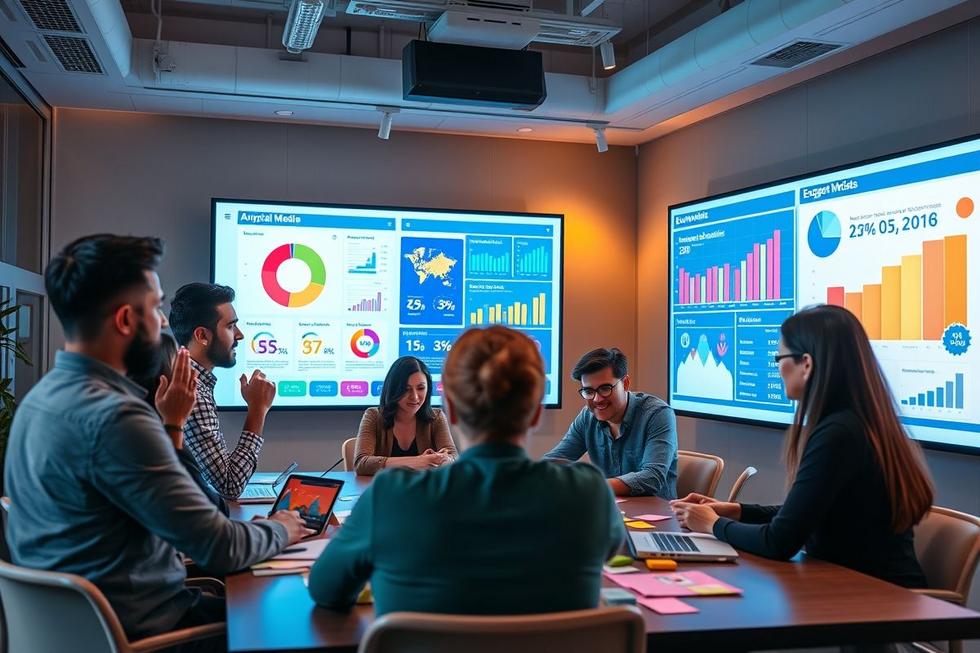Equipe de marketing colaborando em uma reunião sobre estratégias de anúncios.