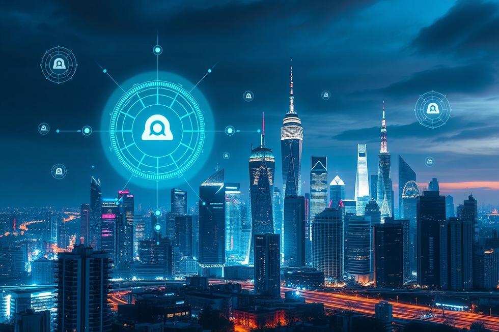 Cidade futurista simbolizando inovações em tecnologia e IA.