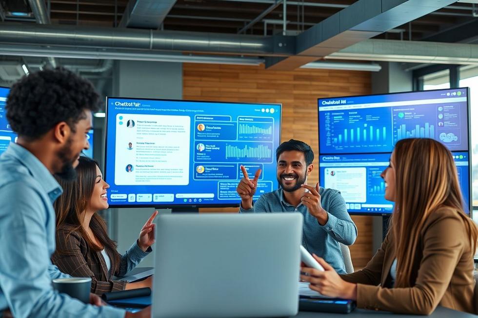 Grupo de profissionais discutindo marketing e chatbots.