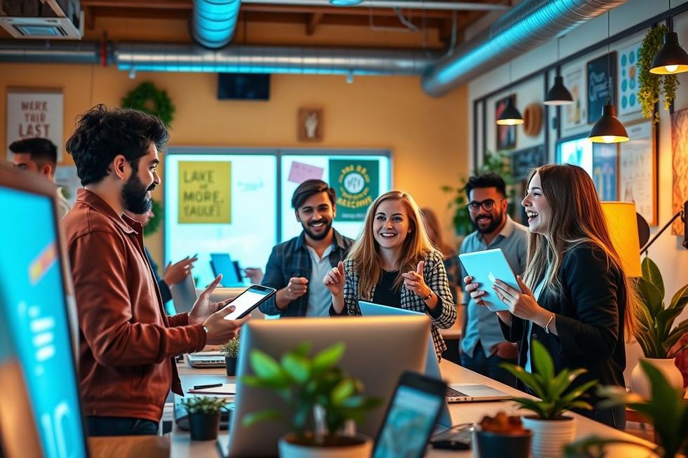 Empresários desenvolvendo estratégias de marketing digital em um ambiente de trabalho.