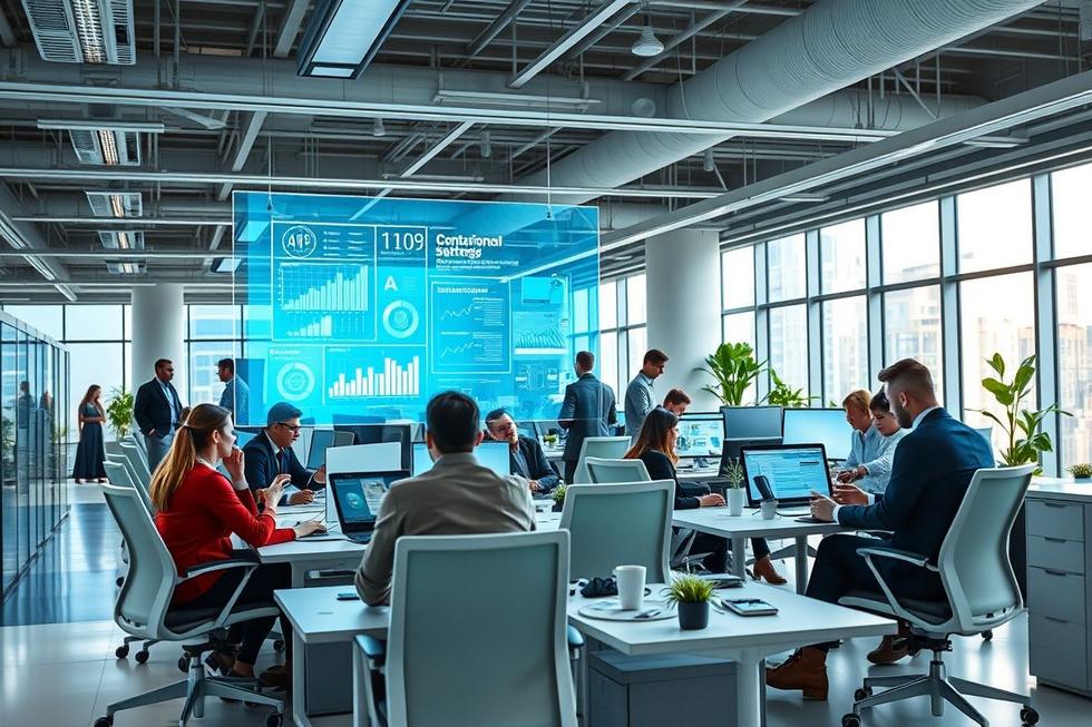 Ambiente de escritório demonstrando a eficiência e tecnologia em negócios.