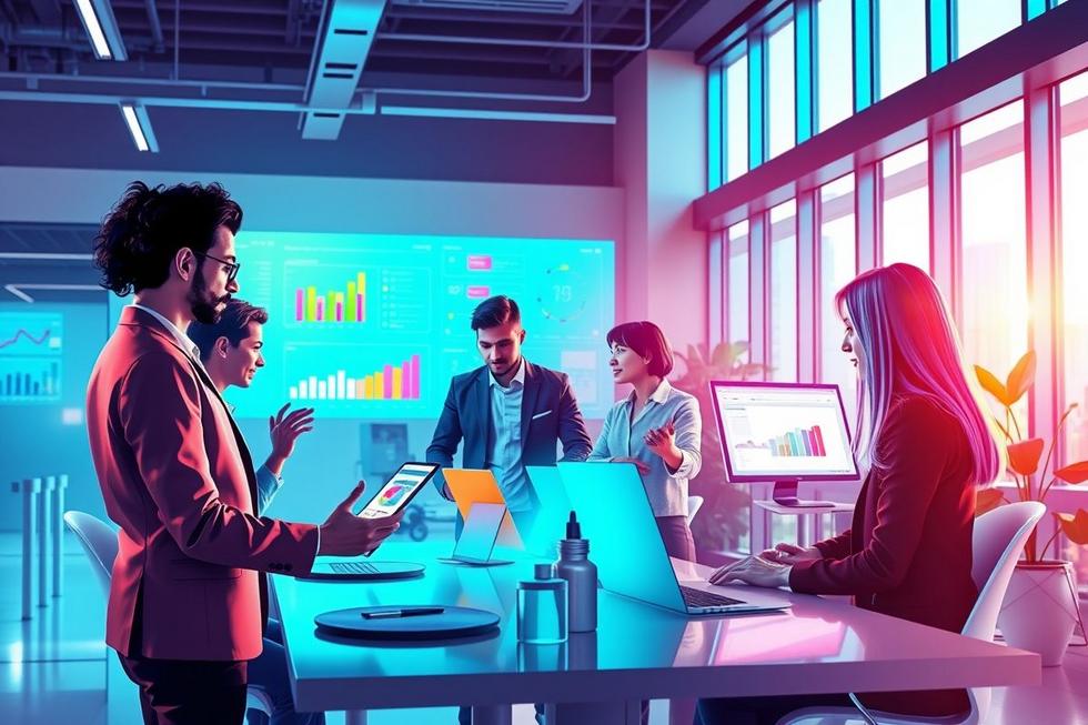 Imagem mostrando a interação entre profissionais de marketing e tecnologia para aprimorar o relacionamento com o cliente.