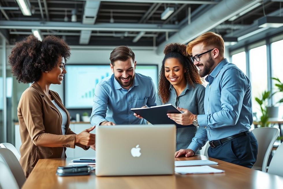 Equipe de negócios colaborando em um ambiente moderno, utilizando ferramentas de CRM.