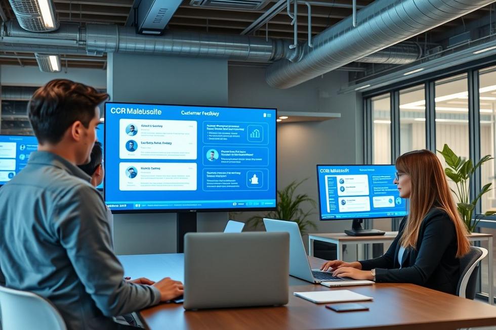 Escritório moderno com funcionários utilizando tecnologia avançada para atendimento ao cliente.