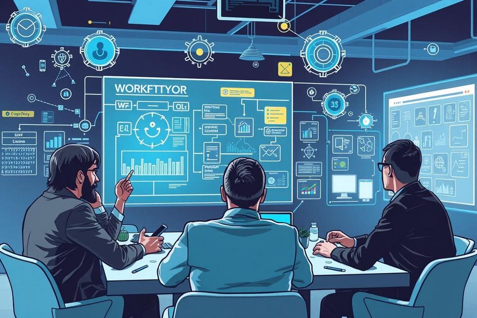 Diversos gestores discutindo sobre automação em uma sessão colaborativa.