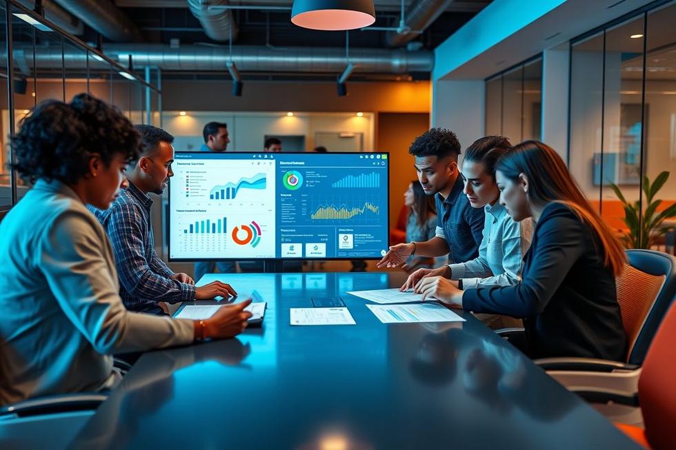 Grupo diversificado colaborando em estratégias de automação de marketing.