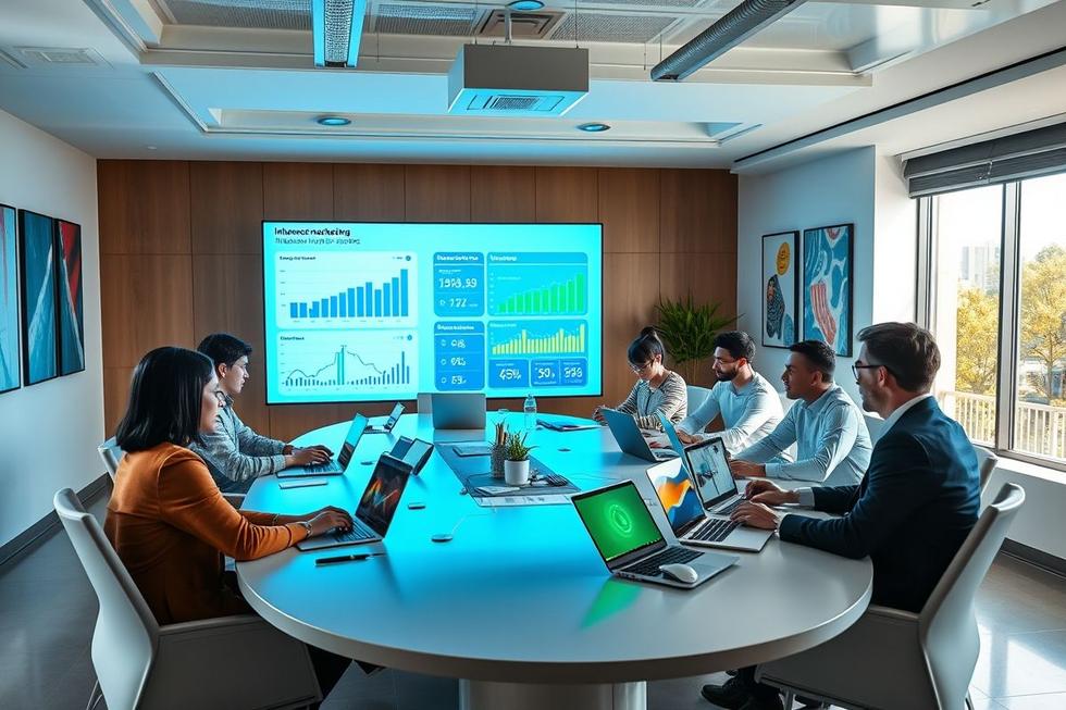 Uma equipe de marketing examinando estratégias de influenciadores em um ambiente de trabalho.