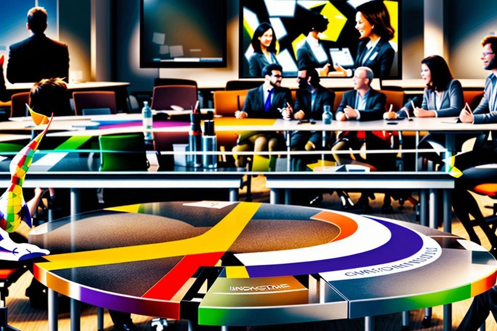 Grupo diversificado de profissionais de marketing discutindo estratégias criativas.