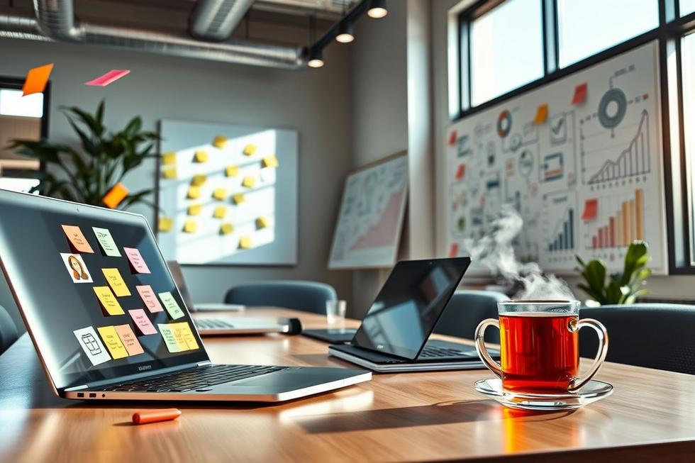 Ambiente profissional de marketing digital com foco em inovação.