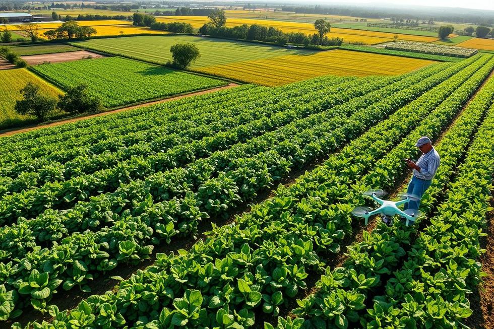 Vista panorâmica de uma paisagem agrícola com tecnologia em uso.