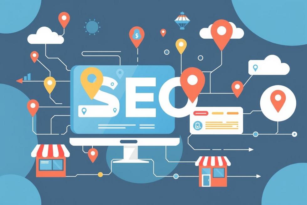 Ilustração do conceito de SEO local em um ambiente digital.