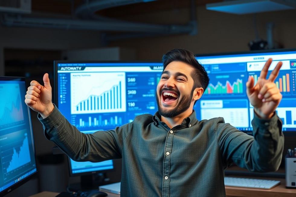 Empreendedor comemorando sucesso em vendas com gráficos.