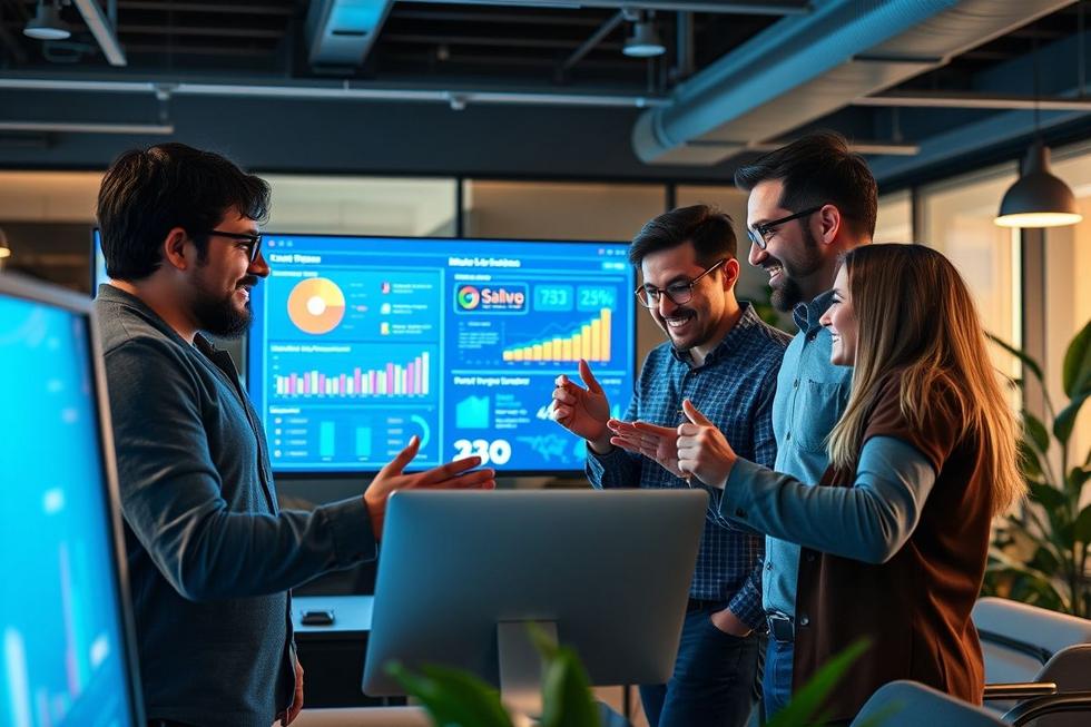 Profissionais de marketing e vendas trabalhando em um sistema CRM com inteligência artificial.