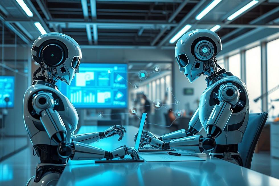 Interação entre robôs e humanos em um escritório moderno, simbolizando a automação de processos.