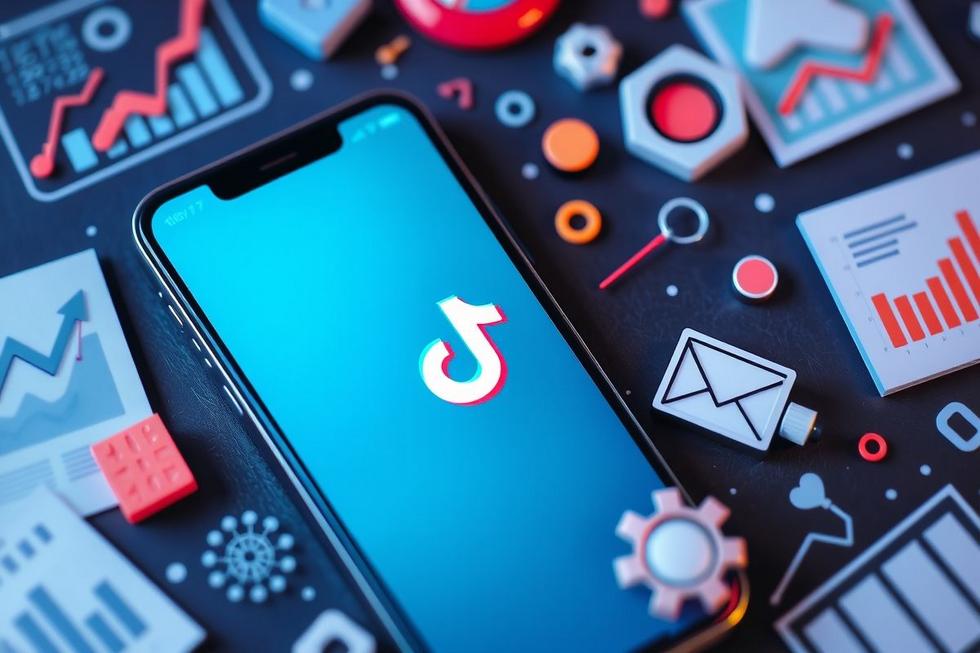 Uma imagem que representa a interface do TikTok combinada com elementos gráficos de marketing.