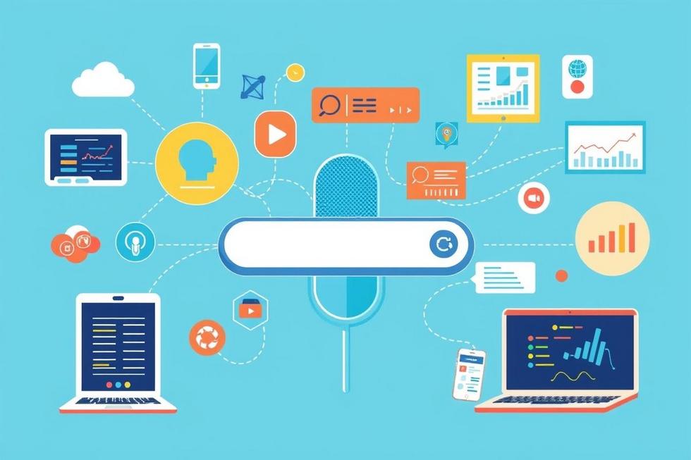 Imagem vibrante mostrando a interseção entre marketing digital e pesquisa por voz.