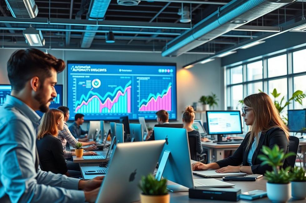 Escritório moderno com ferramentas de automação em uso.