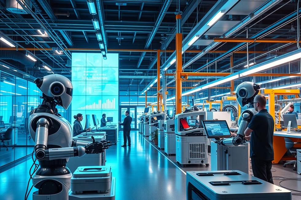 Ambientes de negócios exemplificando a automação em ação, mostrando integração entre tecnologia e trabalho humano.