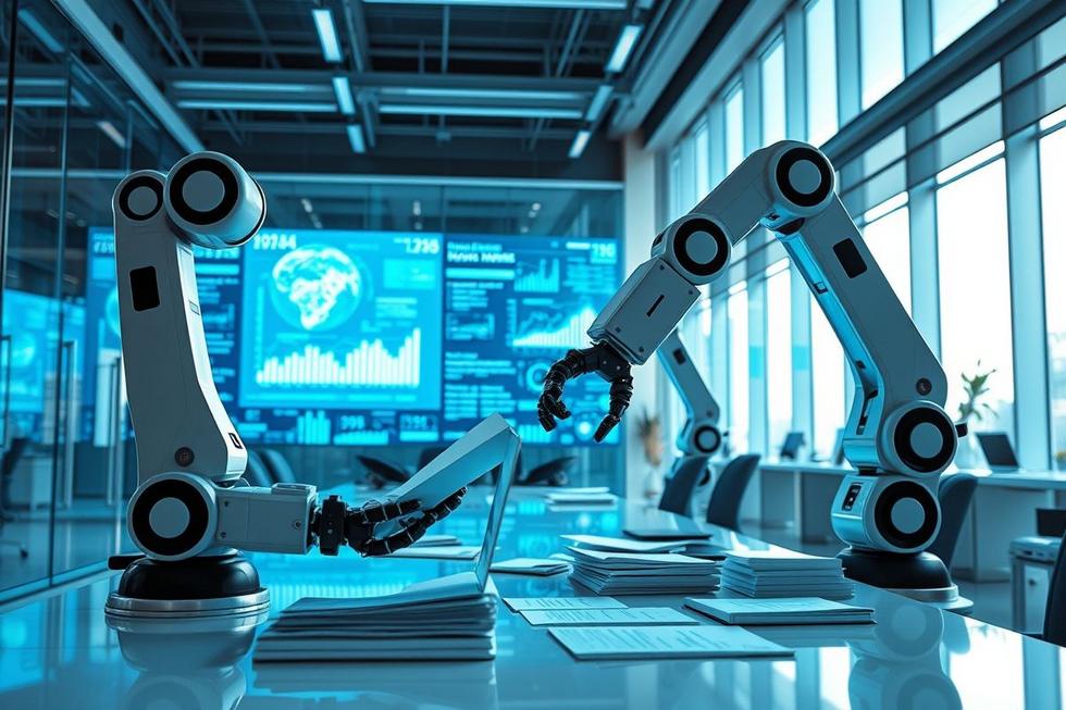 Imagem ilustrativa da automação nos negócios com braços robóticos e telas digitais.