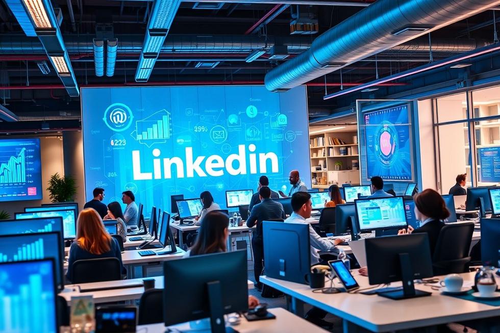 Profissionais de marketing B2B utilizando tecnologia e estratégias digitais no escritório.