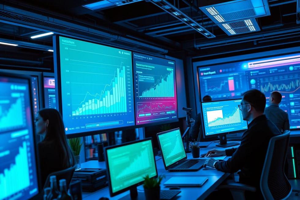 Modelo digital de automação em marketing com gráficos indicando crescimento.