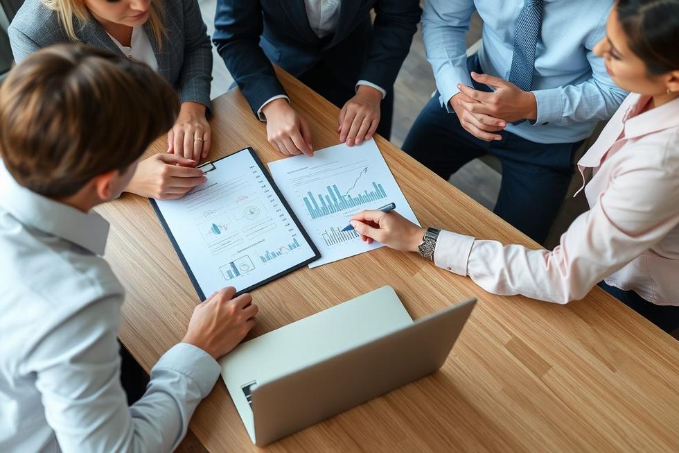 Reunião de negócios dinâmica discutindo estratégias de copywriting.