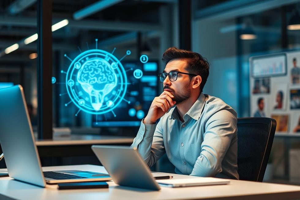 Empresário em um ambiente moderno pensando sobre o uso de inteligência artificial no marketing.