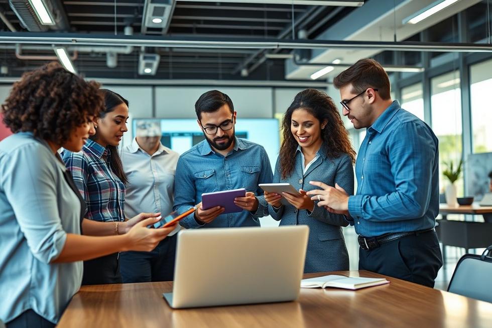 Grupo de profissionais de negócios colaborando em estratégias de marketing.