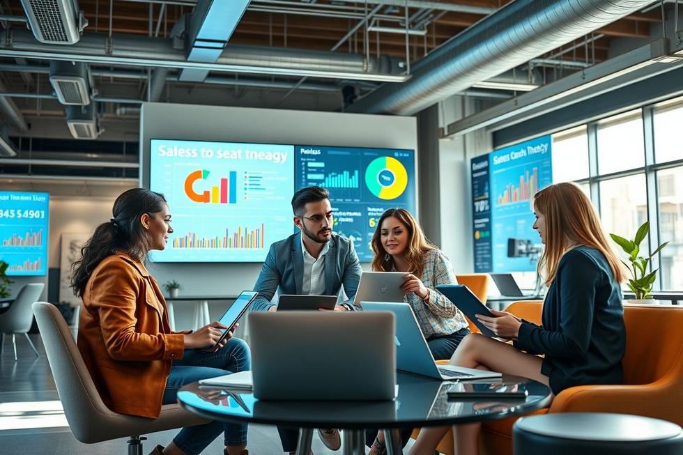 Uma equipe de vendas ocupada colaborando com tecnologia de automação.