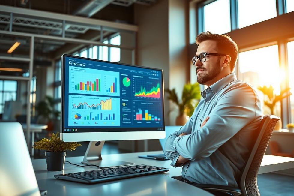 Gestor analisando processos automatizados em um computador.