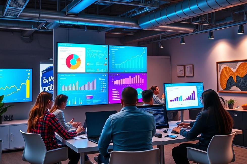 Cenário de marketing digital com equipe trabalhando com IA