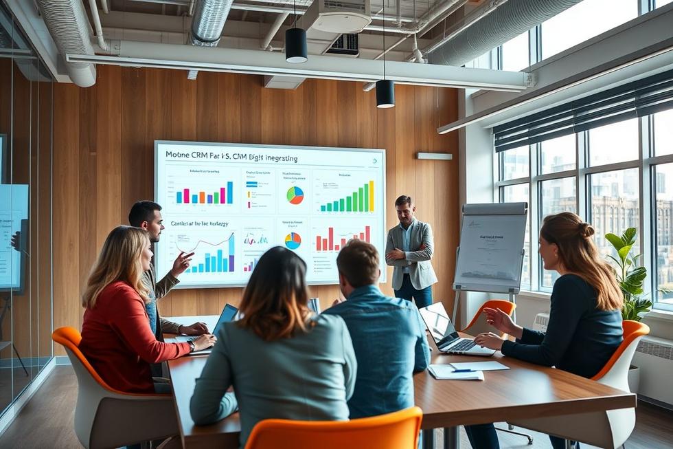Reunião entre equipes de marketing e vendas discutindo integração CRM.