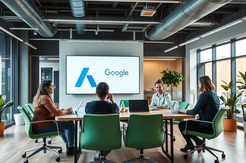 Equipe discutindo estratégias de geração de leads com Google Ads em uma reunião.