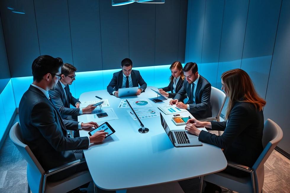 Grupo de profissionais discutindo estratégias de marketing baseadas em IA.