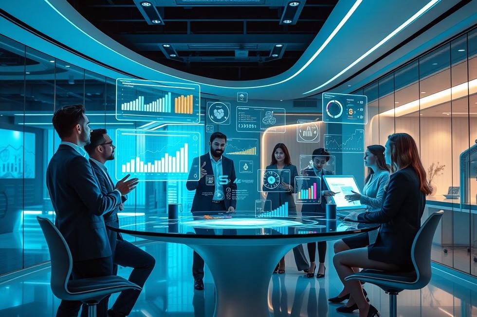 Ambiente de escritório futurista com foco em vendas e tecnologia.