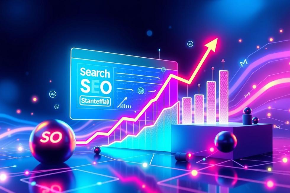 Representação de conceitos de marketing digital e otimização de site.