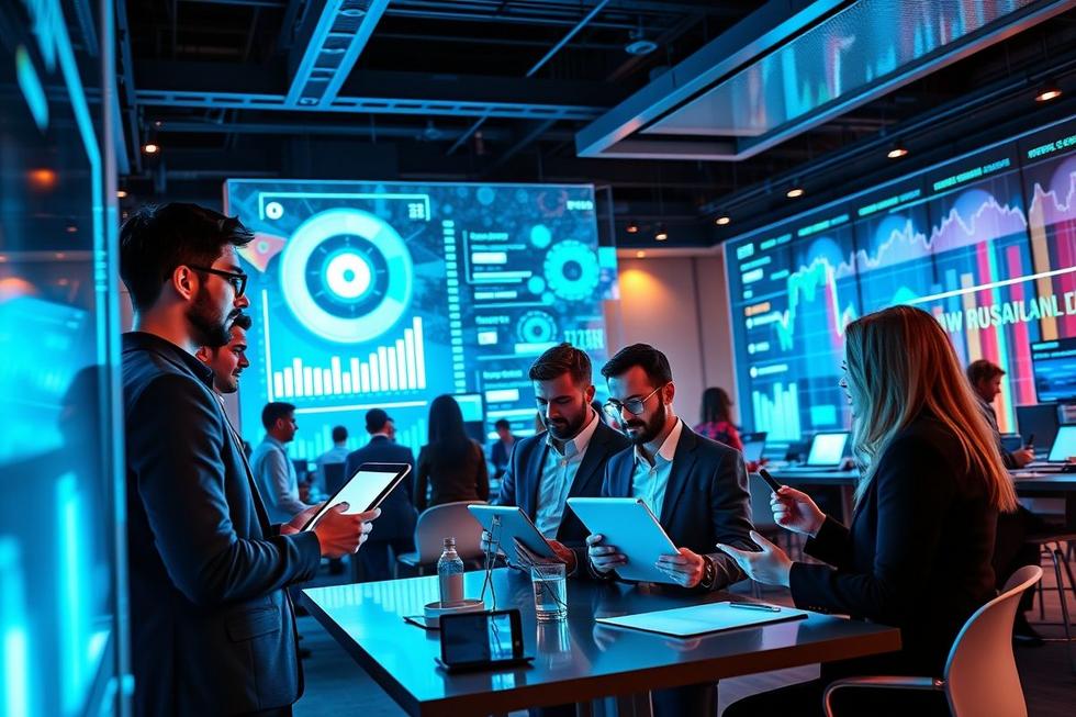 Profissionais discutindo estratégias de vendas com o suporte da IA.