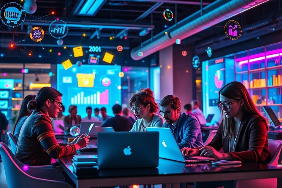 Profissionais de marketing e e-commerce trabalhando colaborativamente.