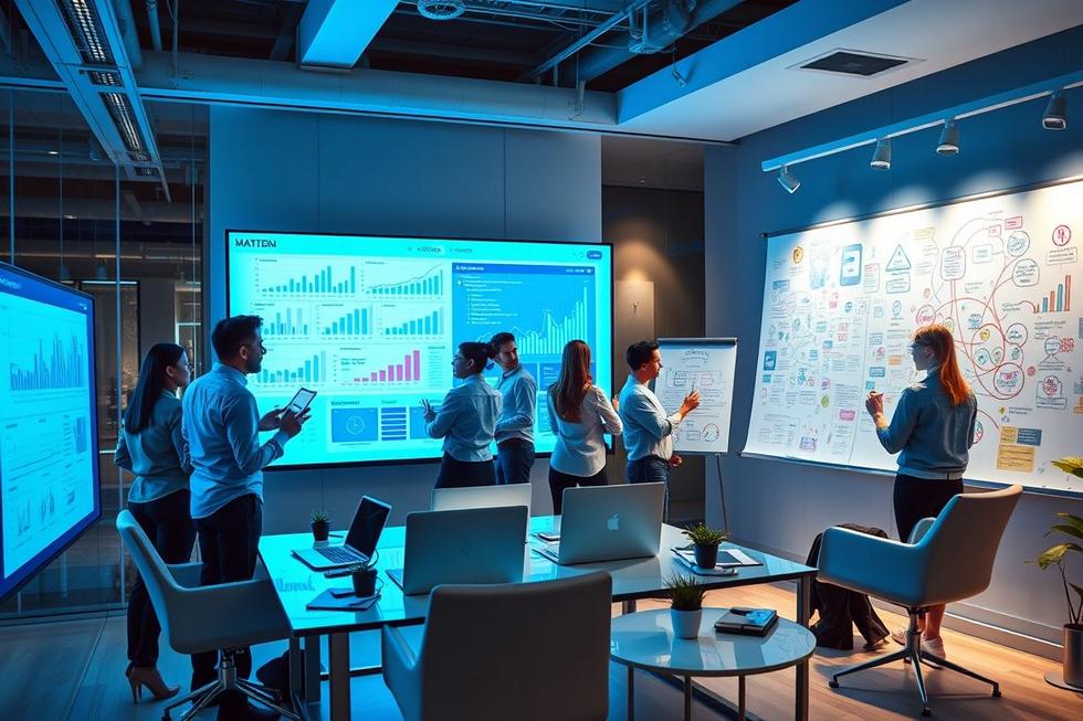 Um ambiente de escritório moderno com profissionais de marketing colaborando.