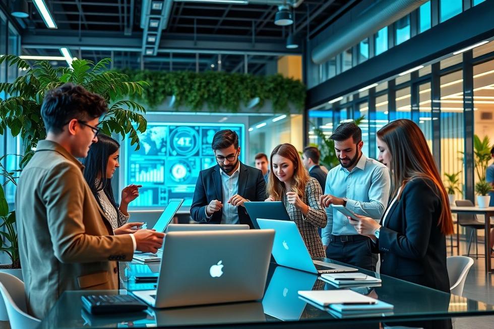 Profissionais colaborando em um ambiente de negócios com ferramentas digitais de automação.