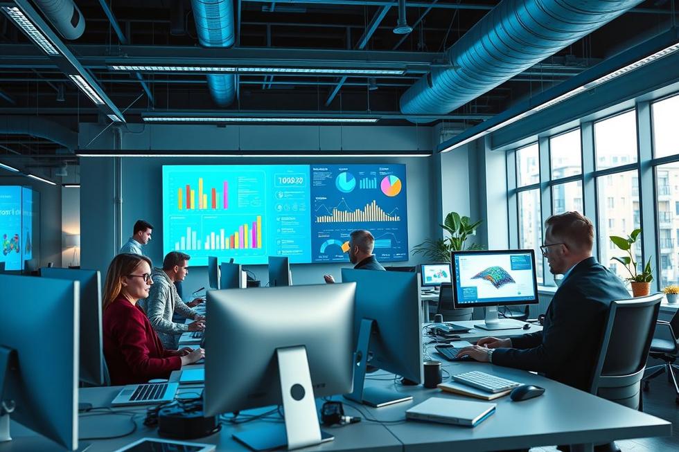 Profissionais colaborando no marketing digital em um escritório moderno