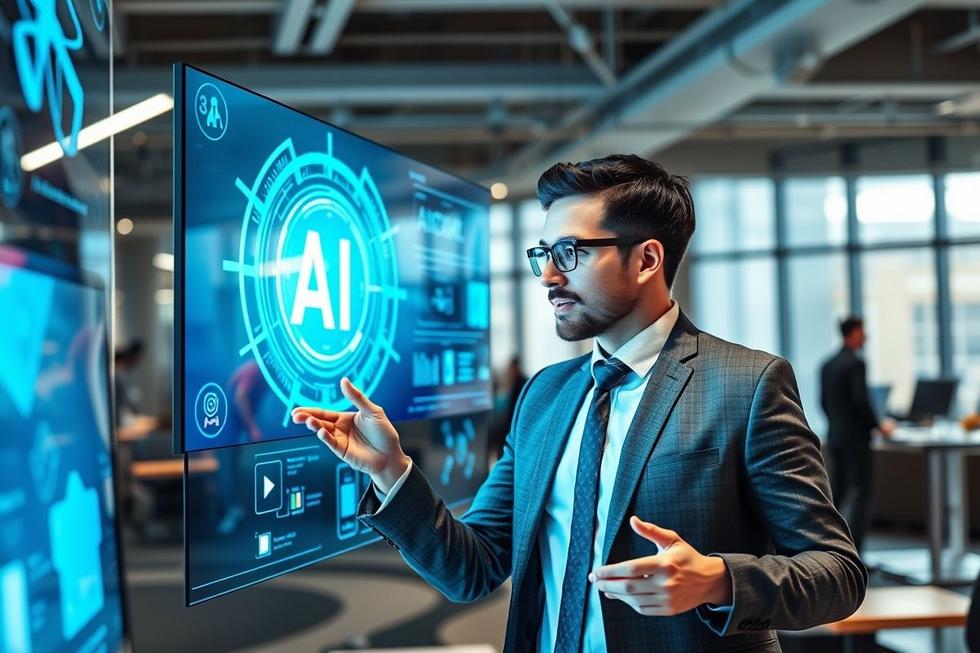 Profissional de marketing interagindo com ferramentas de IA em um ambiente moderno.